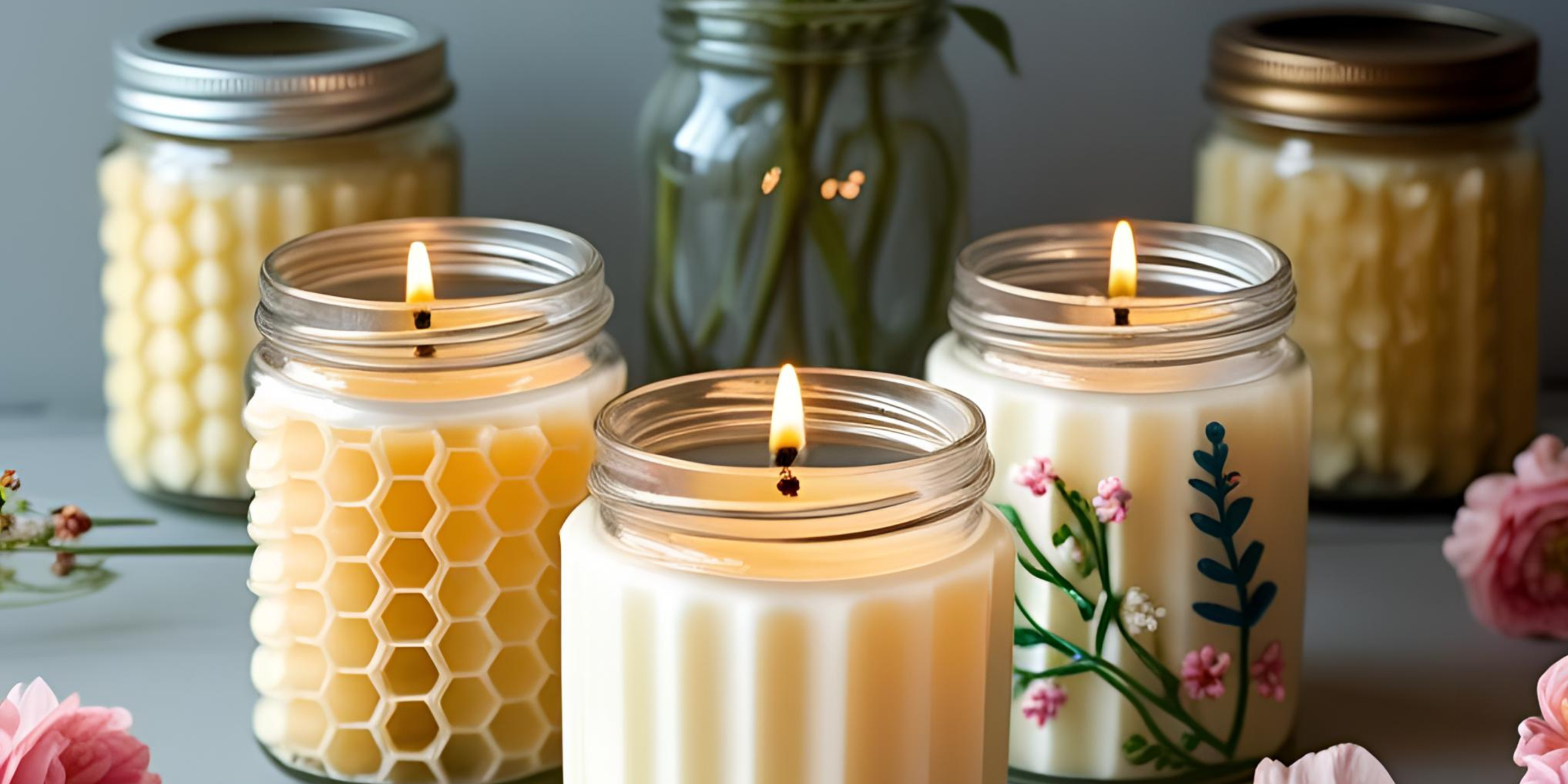 Handmade beeswax candles in glass jars, each with unique decorative textures including honeycomb patterns and floral designs, displayed with flowers and a jar of greenery in the background.