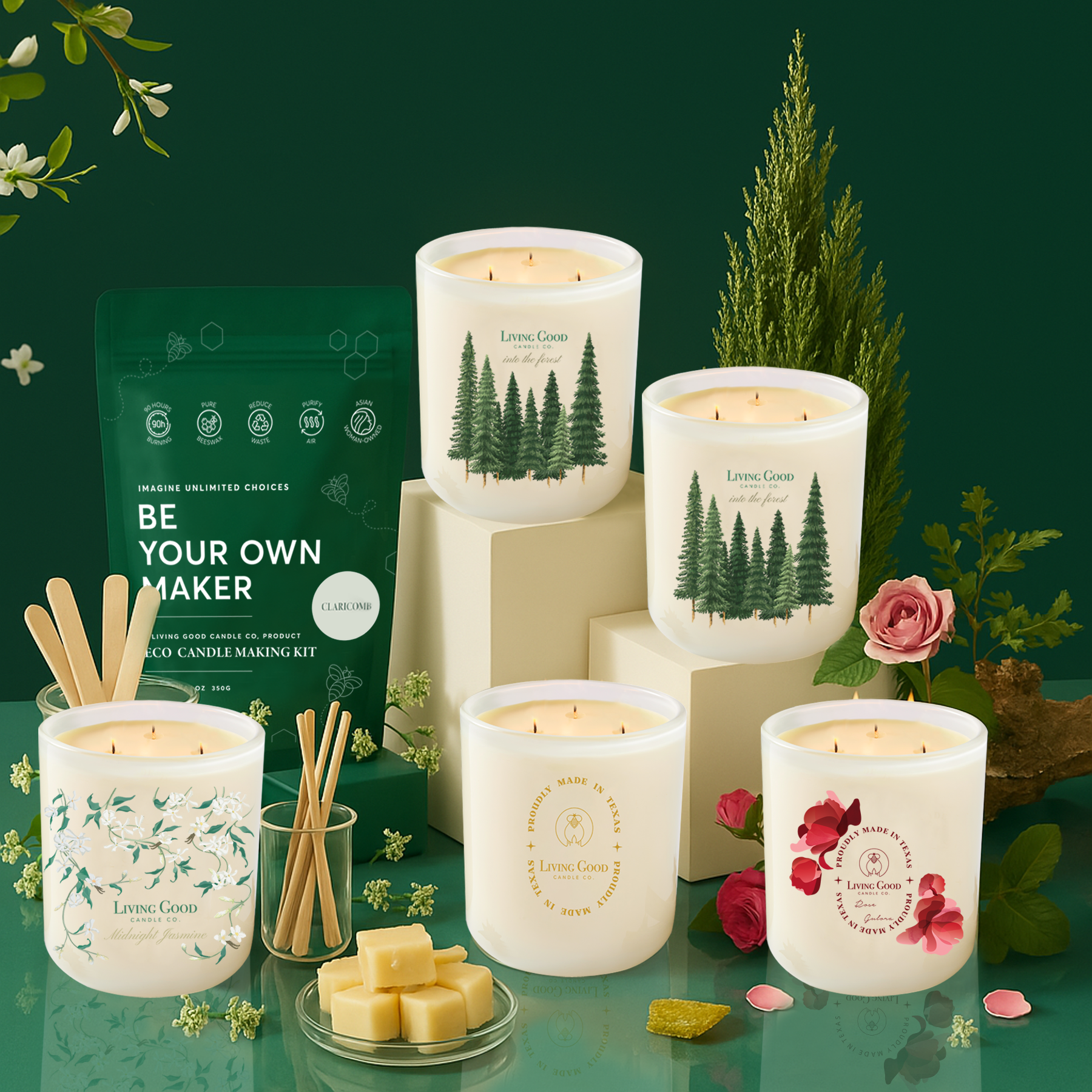 Hand-poured organic beeswax candles from Living Good Candle Co., displayed with sustainable candle packaging and the DIY Eco Candle Making Kit for clean-burning, non-toxic candle making at home.