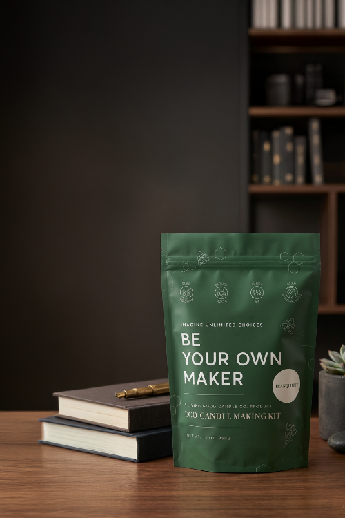 Living Good Candle Co. Eco Candle Making Kit displayed on a desk as a thoughtful DIY Father’s Day gift for dads.