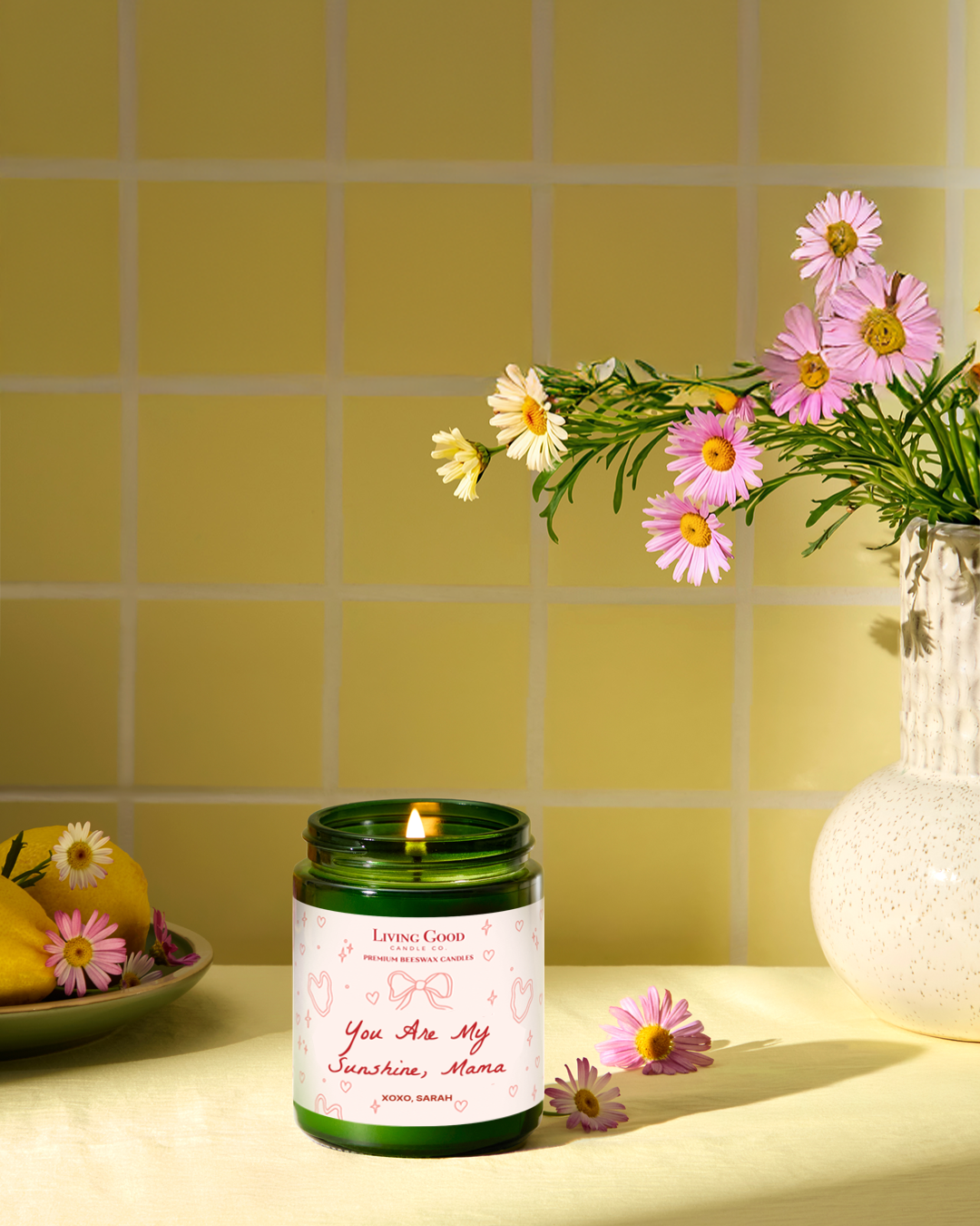 Living Good Candle Co. 5.5 oz personalized message beeswax candle with “You Are My Sunshine, Mama” label for a thoughtful Mother’s Day gift.