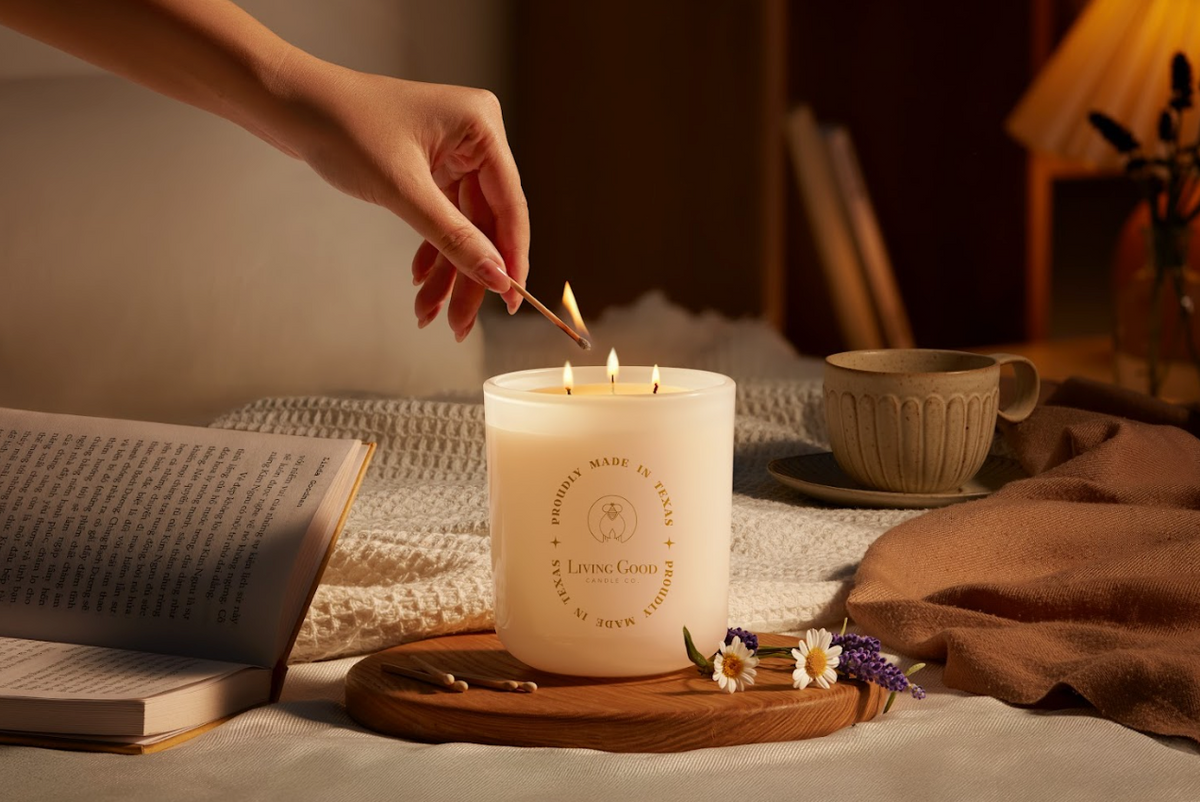 Living Good Candle Co. 15 oz three-wick beeswax candle styled with lavender and chamomile for a calming Mother’s Day self-care ritual.