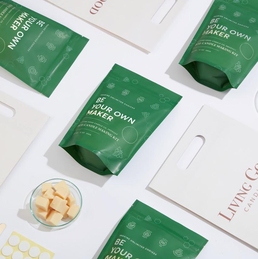 Living Good Candle Co. Eco Candle Making Kit with beeswax chunks and refill pouches for making candles in reusable jars at home.