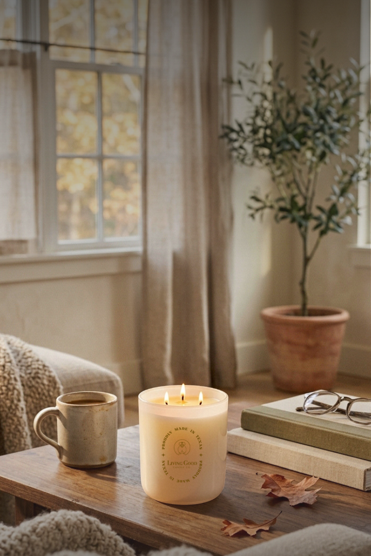 Living Good Candle Co. 15 oz three-wick beeswax candle in a cozy home setting, highlighting simple candle ingredients and transparency.