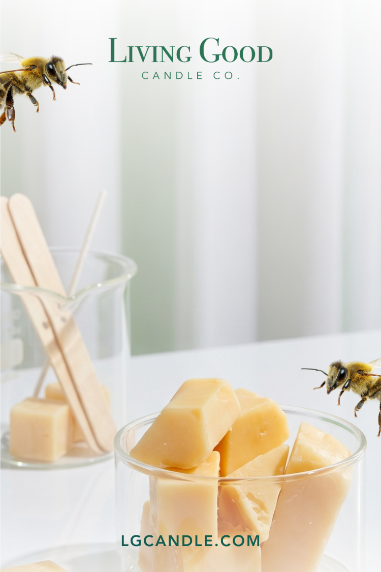 Natural beeswax chunks with honeybees illustrating the clean-burning beeswax used by Living Good Candle Co.