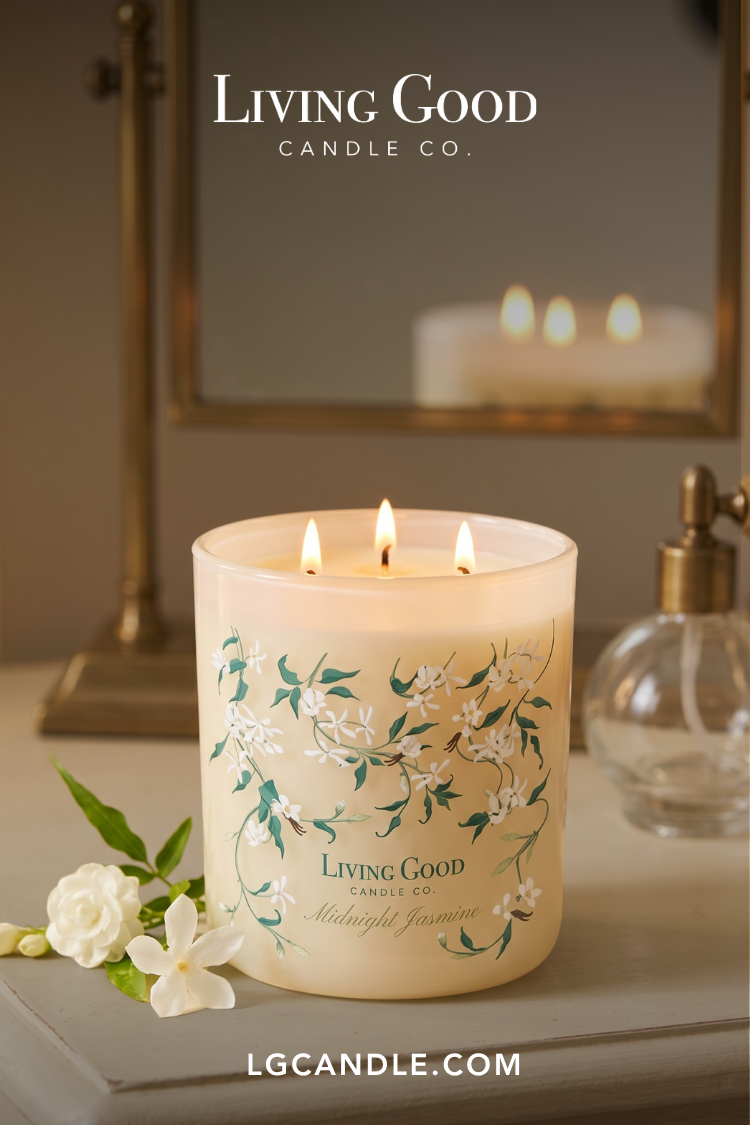 Living Good Candle Co. 15 oz Midnight Jasmine three-wick beeswax candle styled with jasmine flowers in a calming home setting.