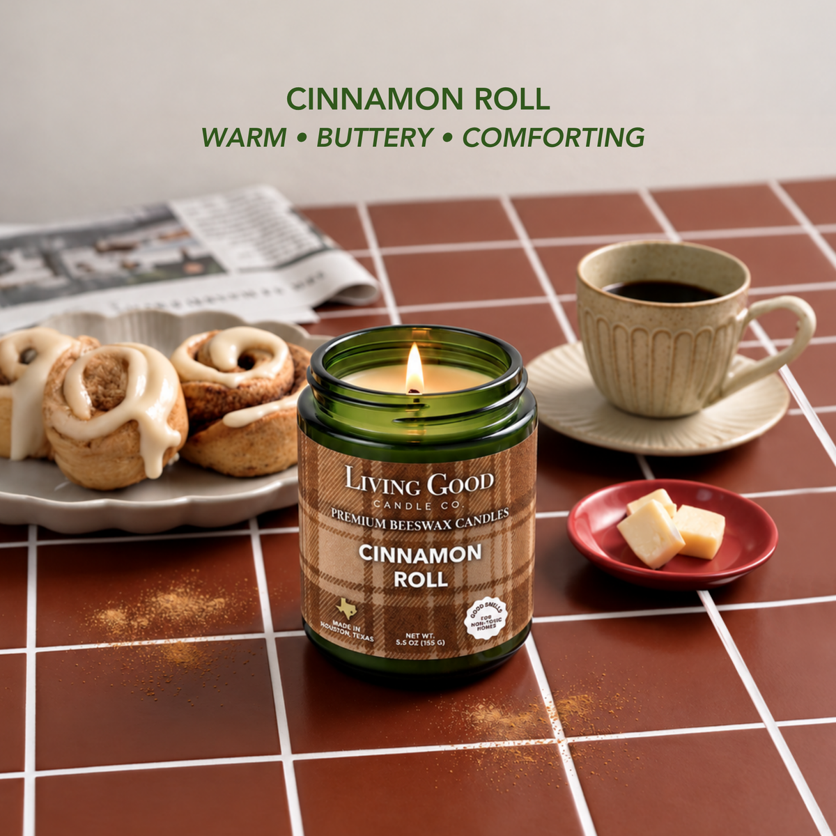 Cinnamon Roll beeswax candle in a cozy setting with cinnamon rolls, coffee, and butter highlighting its warm, buttery scent.
