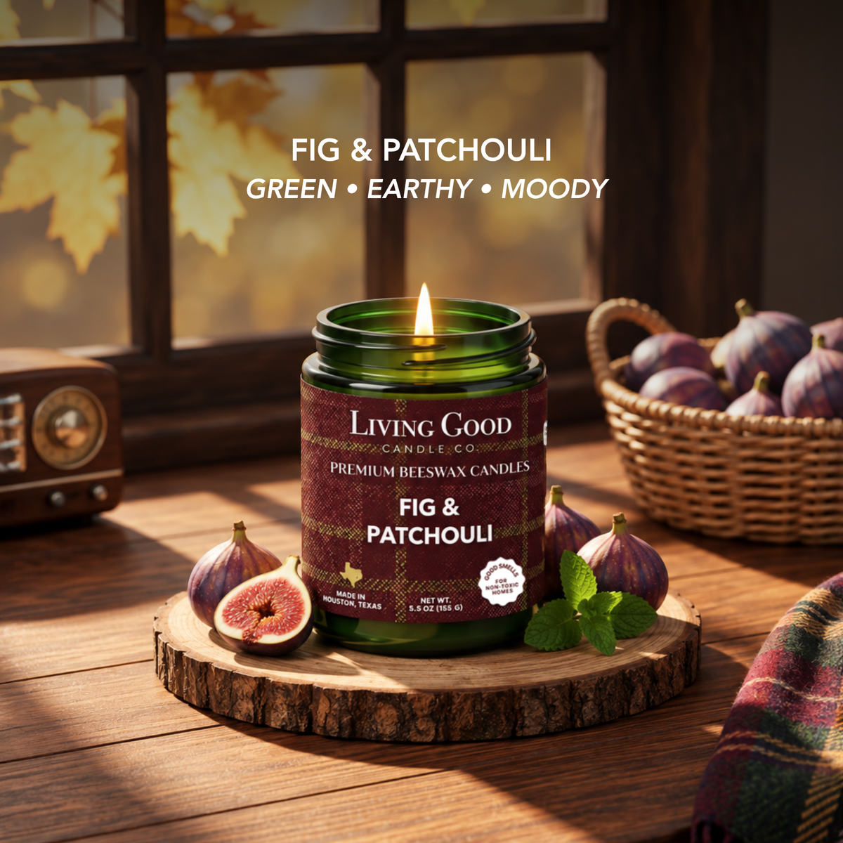 Fig & Patchouli candle scent notes featuring cinnamon leaf, patchouli, cedarwood, and spearmint with fresh figs.