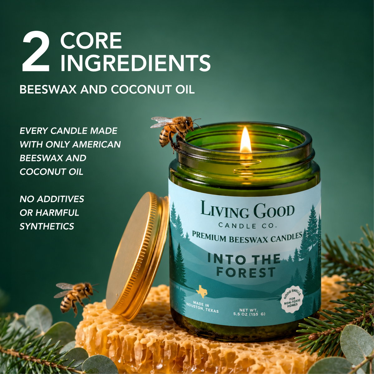 Into the Forest candle highlighting its core wax ingredients of American beeswax and coconut oil.