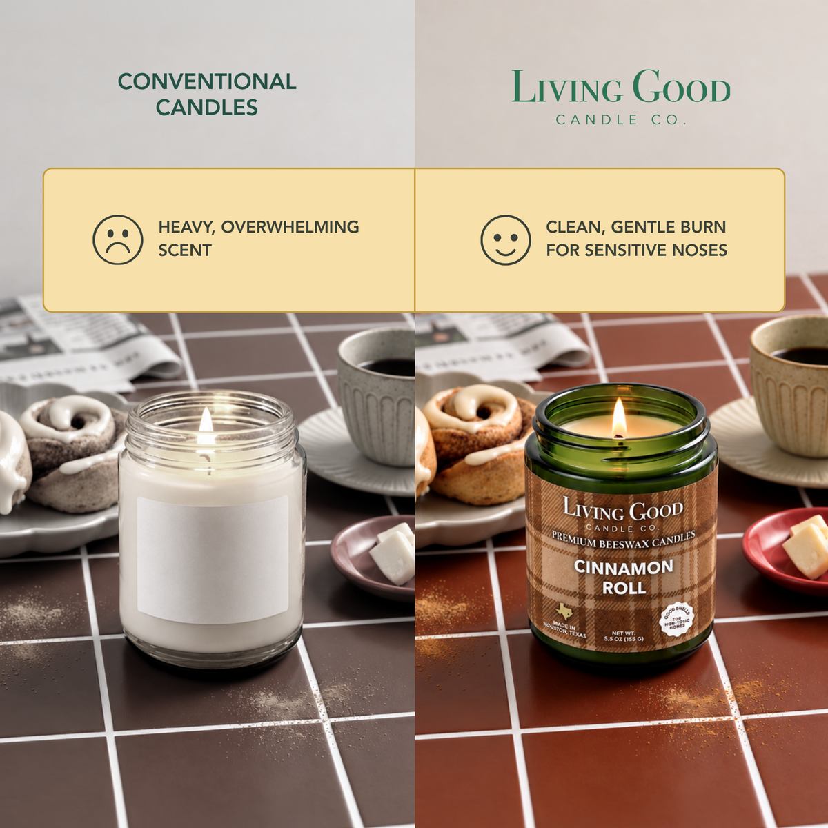 Comparison graphic showing Cinnamon Roll beeswax candle beside a conventional candle, highlighting a gentler scent experience.