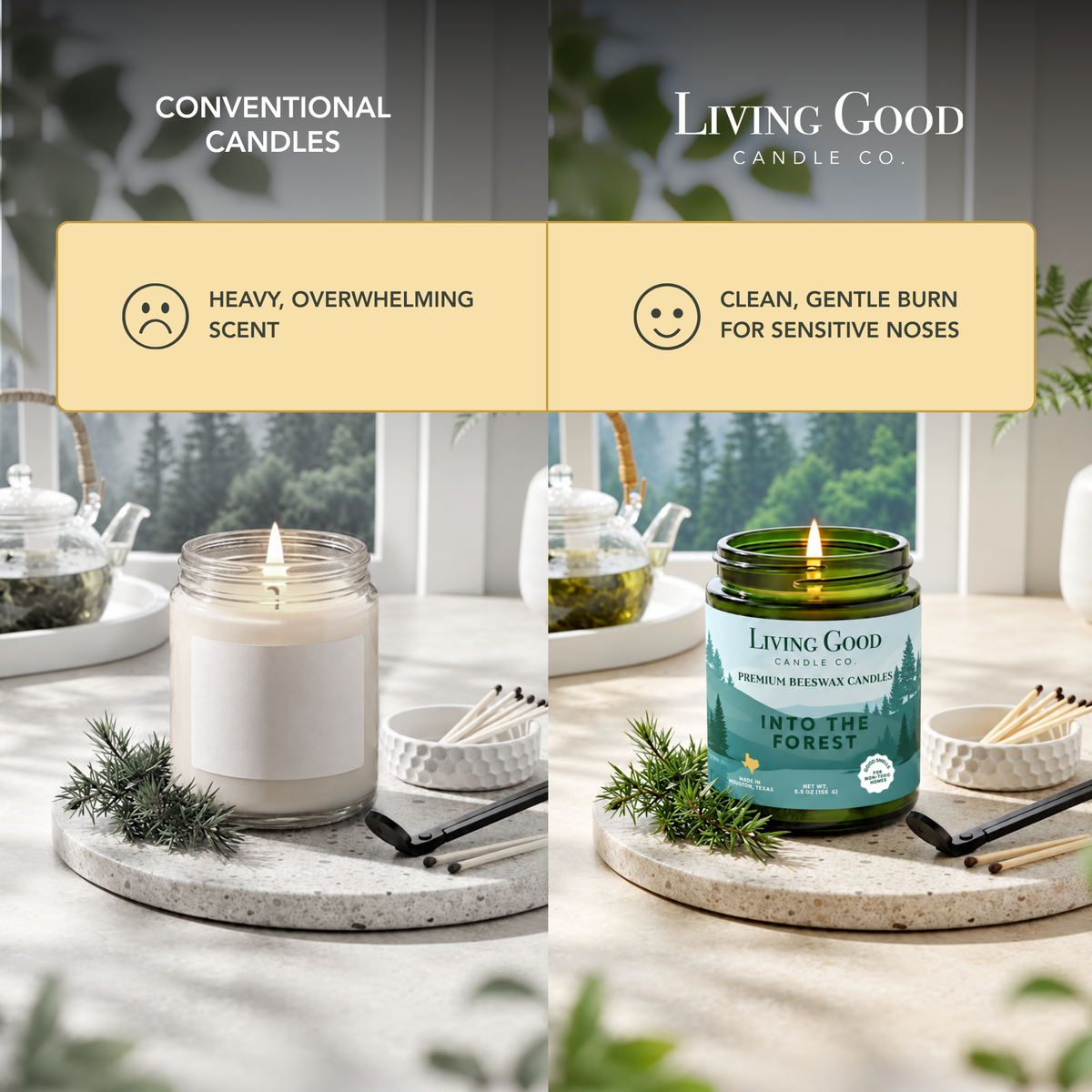Comparison graphic showing Into the Forest beeswax candle beside a conventional candle, highlighting a gentler scent experience.