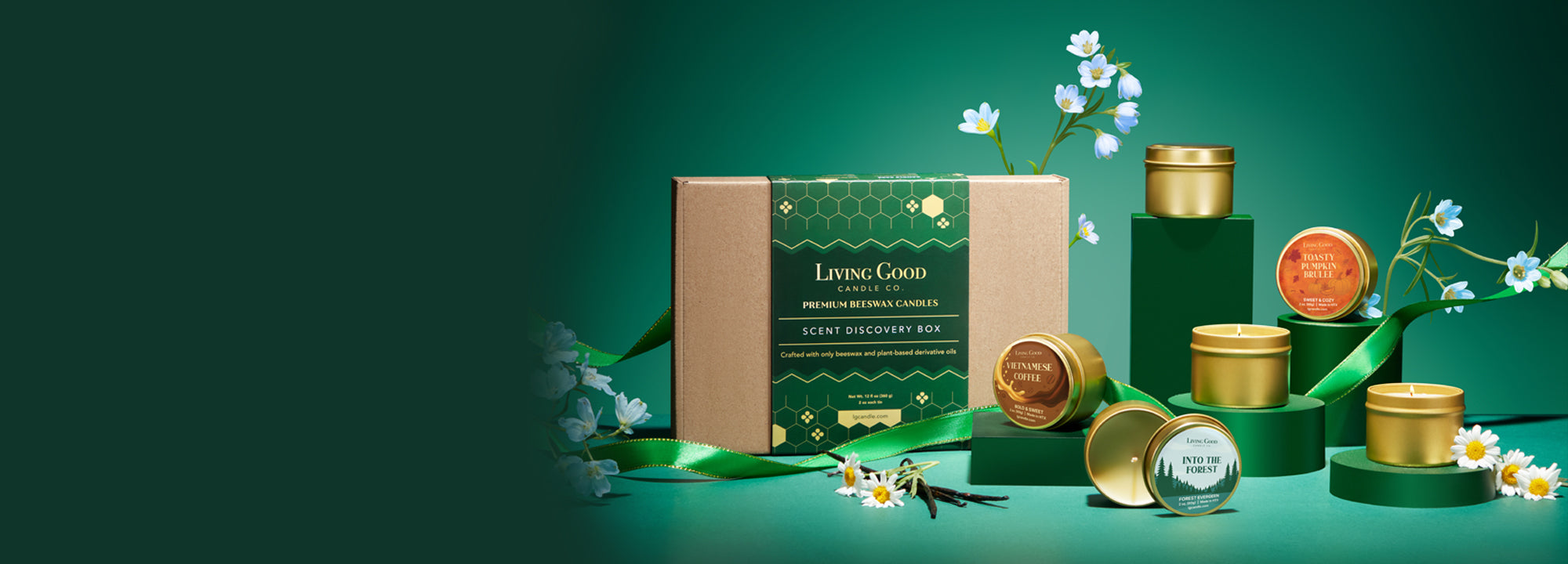Living Good Candle collection featuring beeswax candles – clean burning and family-safe