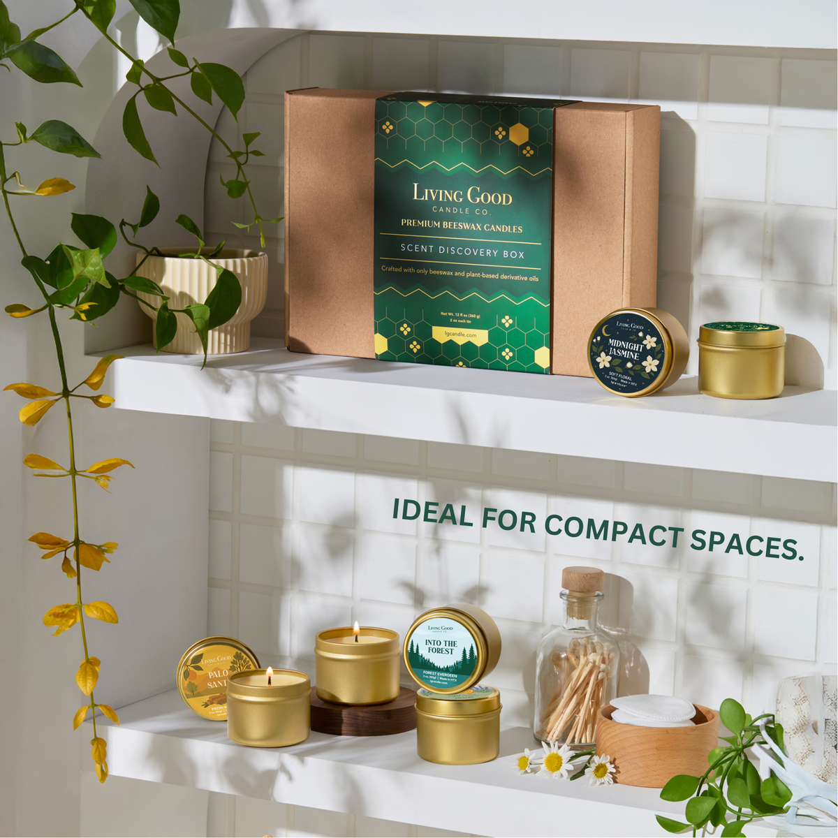 Living Good Candle Co. Scent Discovery Box and mini beeswax candles displayed on shelves for compact spaces.