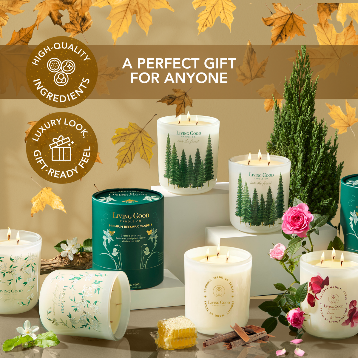 Cinnamon Delight and other beeswax candles arranged with autumn leaves and gift-ready holiday packaging