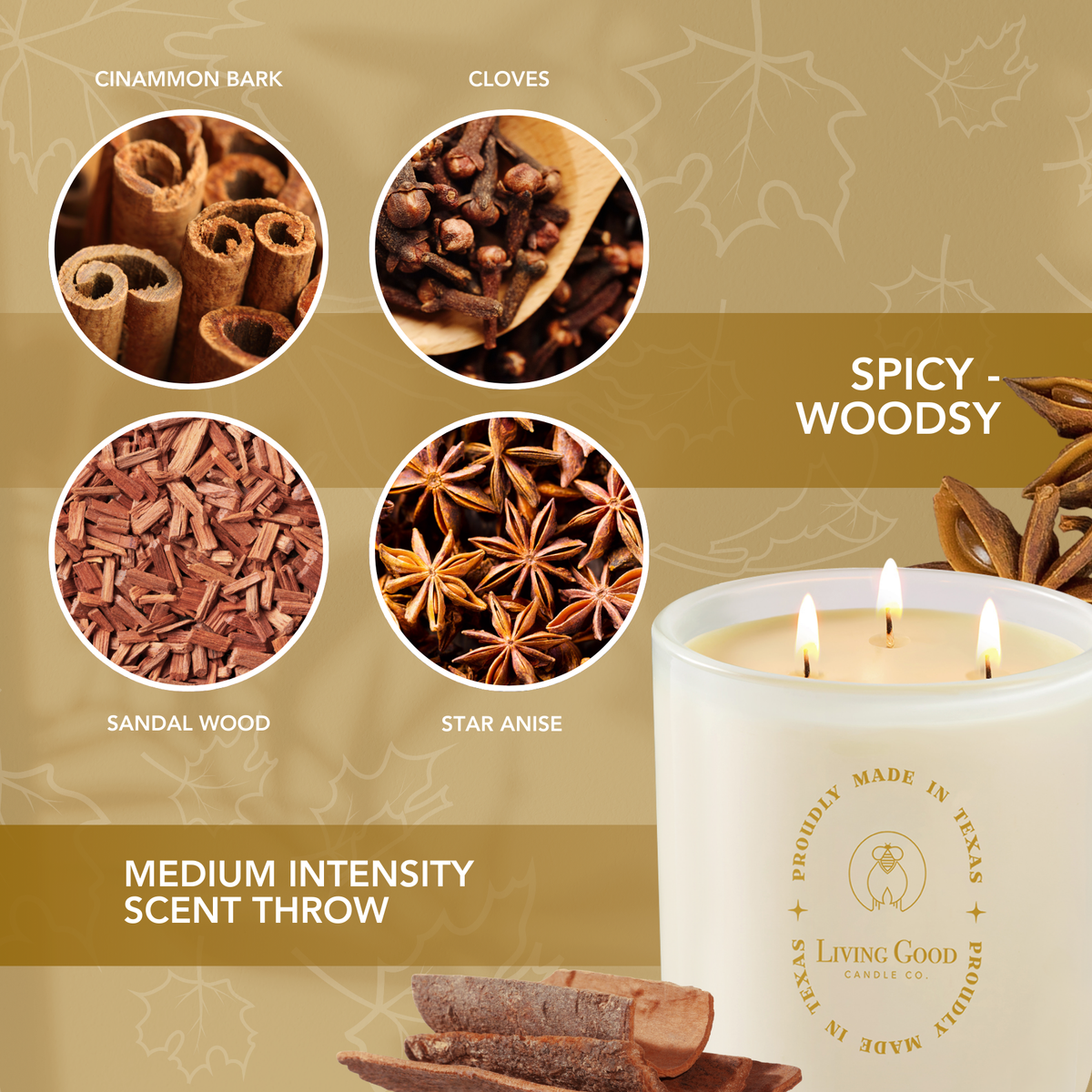 Cinnamon Delight candle scent profile featuring cinnamon bark, cloves, sandalwood, and star anise