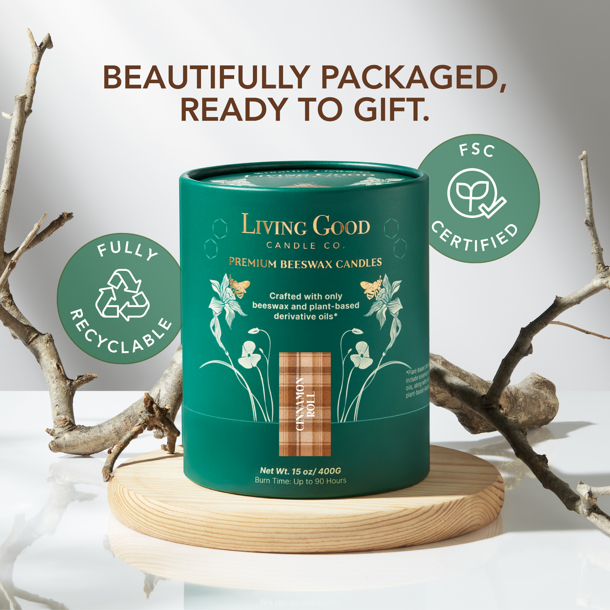 Living Good Cinnamon Roll 15 oz beeswax candle gift packaging with recyclable and FSC-certified packaging details.