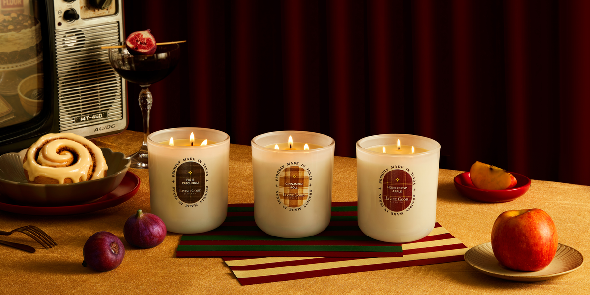 Nostalgic Fall three-candle collection with cinnamon roll, apple, and fig, desktop banner