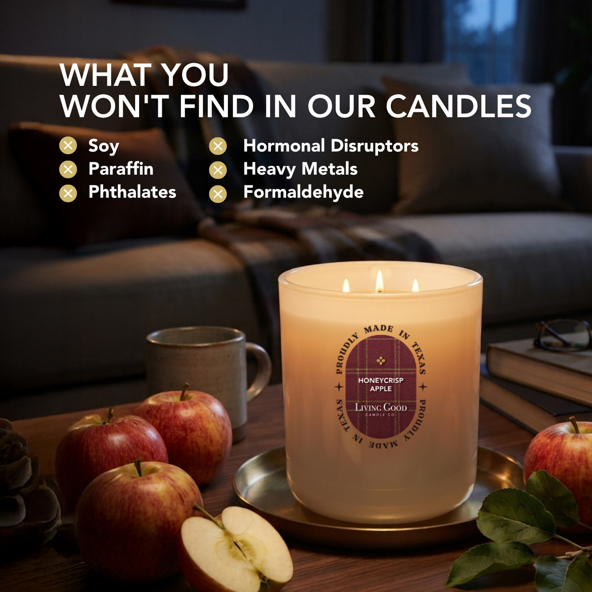 Honeycrisp Apple beeswax candle with ingredient standards highlighting no soy, paraffin, phthalates, heavy metals or formaldehyde.
