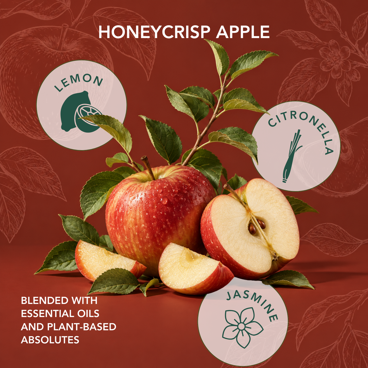 Living Good Candle Co.'s Honeycrisp Apple candle scent profile featuring lemon, citronella and jasmine plant-based oils.