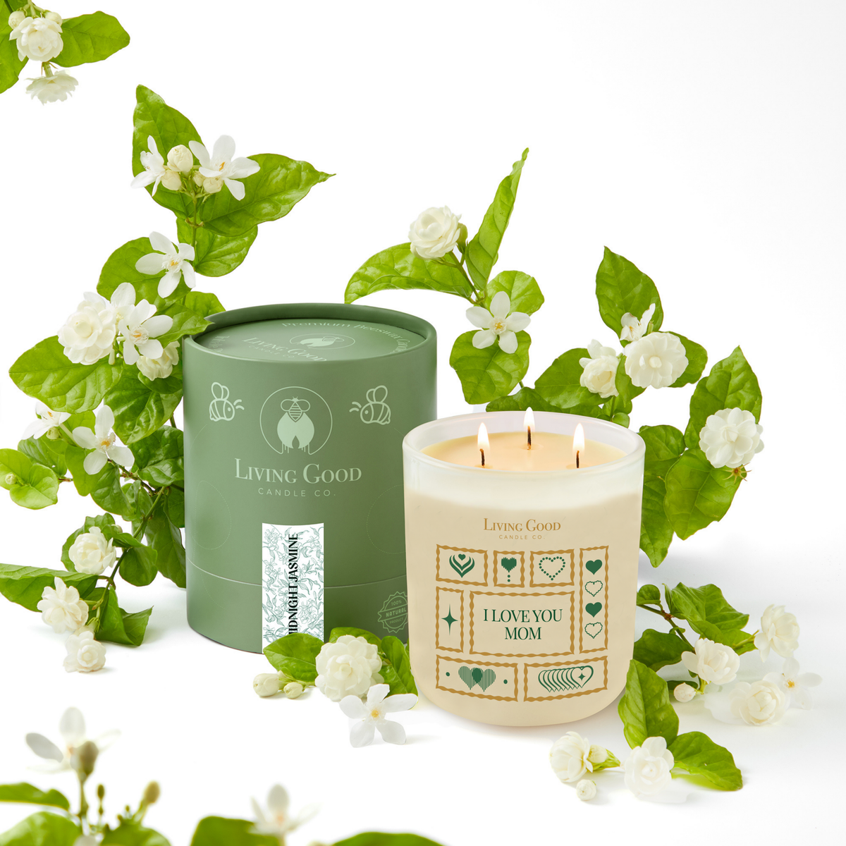 I Love You Mom personalized beeswax candle with green Living Good Candle Co. gift box and white flowers.