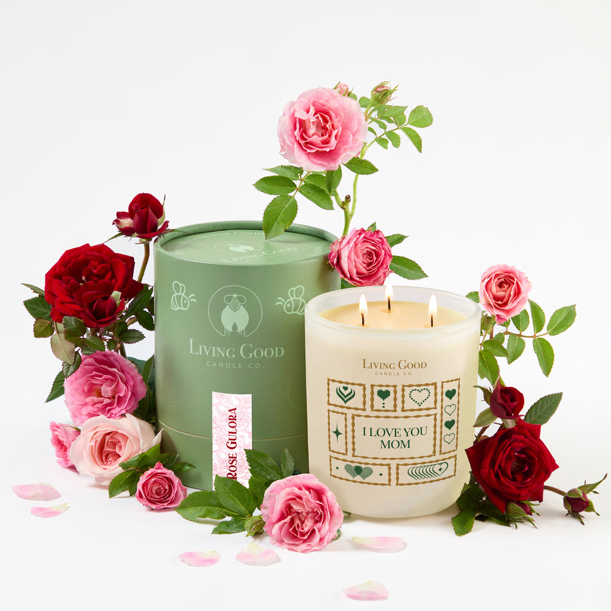 I Love You Mom custom label beeswax candle with Rose Gulora gift box surrounded by pink and red roses.
