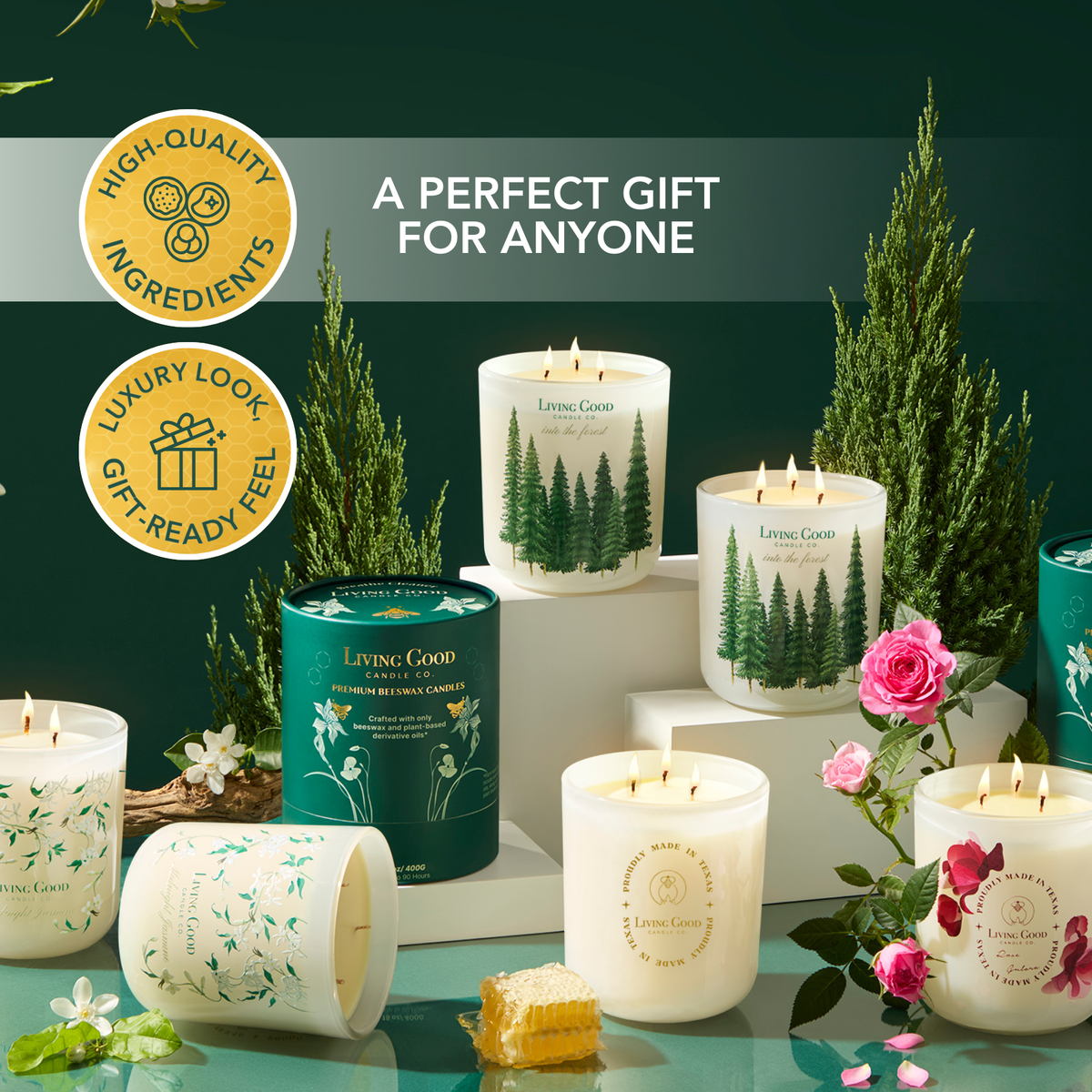 Into the Forest beeswax candle displayed with Living Good Candle Co. candles as a gift-ready candle collection.
