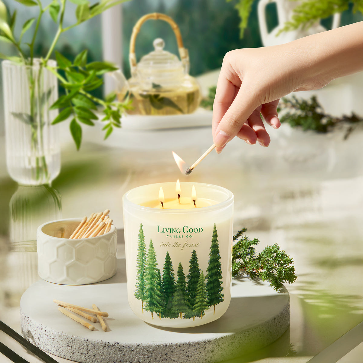 Into the Forest beeswax candle being lit in a bright home setting with evergreen accents, inspired by pine and eucalyptus.