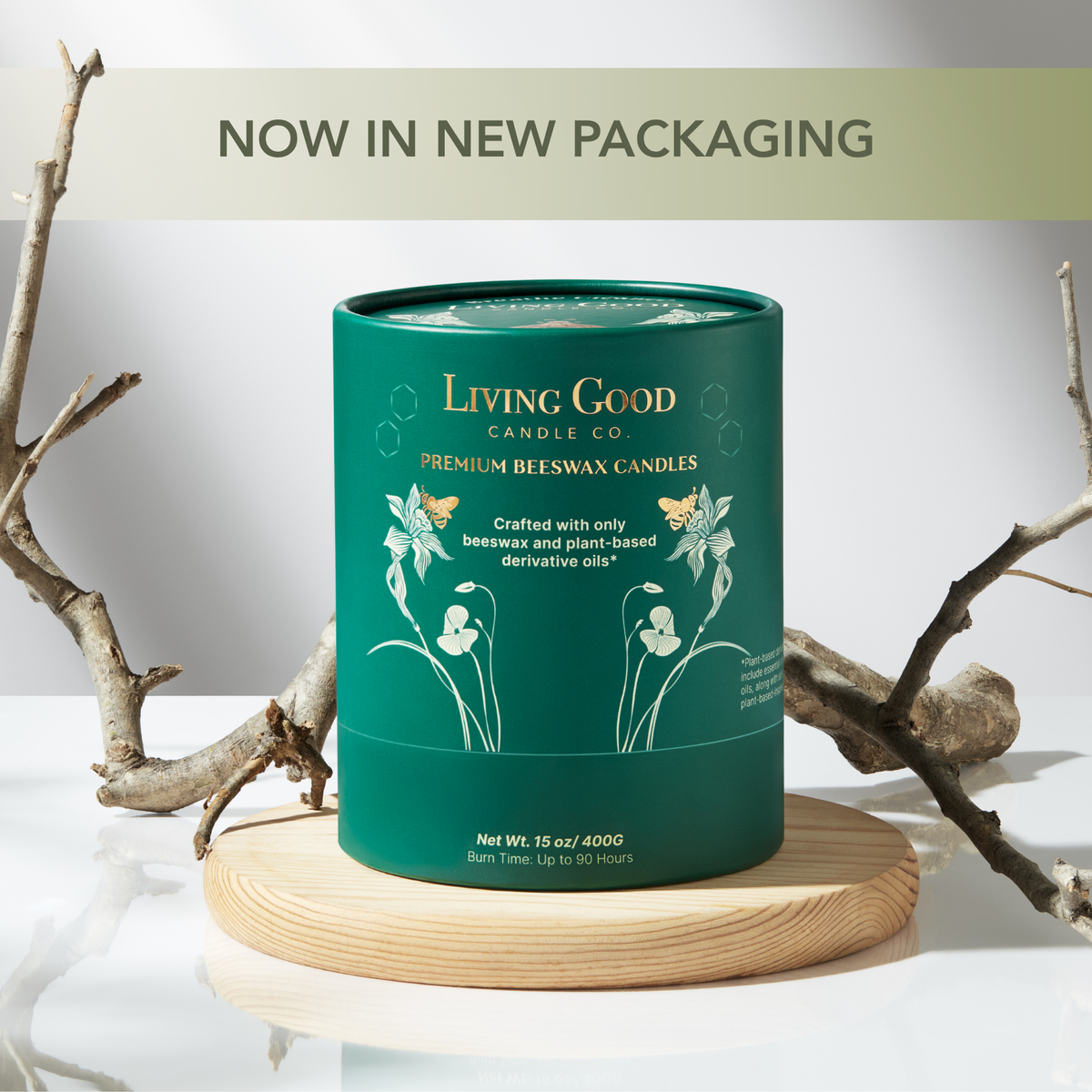 Living Good Candle Co. 15 oz Palo Santo beeswax candle packaging in a green recyclable gift-ready container.
