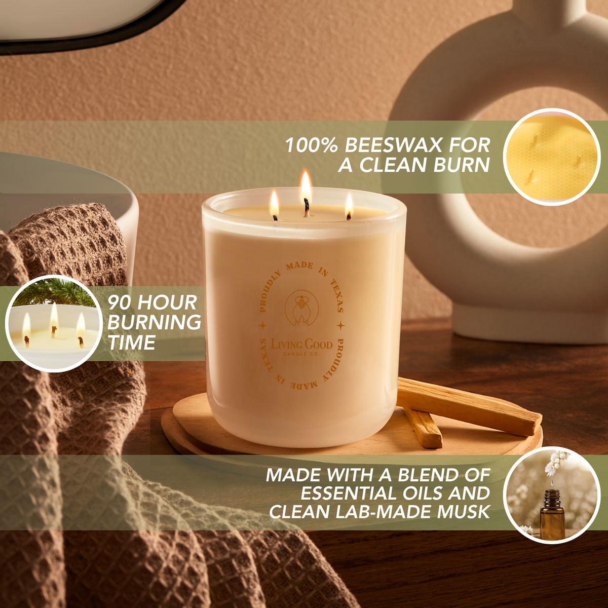 Living Good Palo Santo 3-wick beeswax candle highlighting a 90-hour burn time and a blend of essential oils and clean lab-made musk.