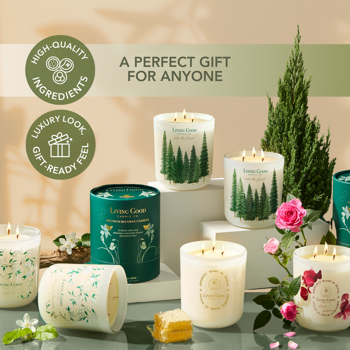 Living Good Candle Co. premium beeswax candle collection presented as a luxury gift, featuring Palo Santo and other 15 oz candles.