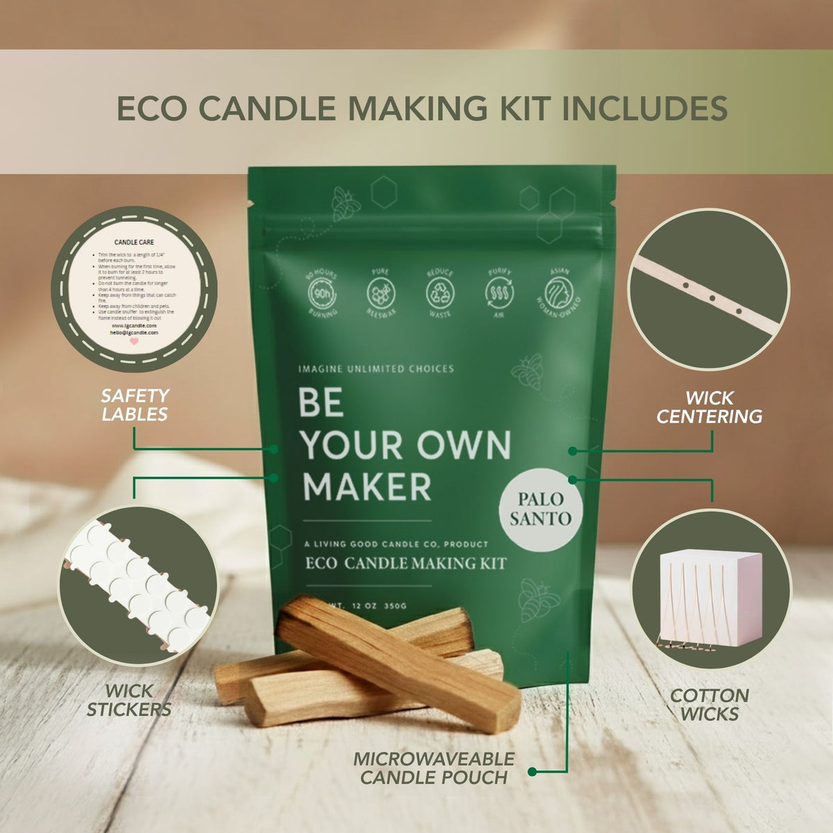 Palo Santo beeswax candle refill kit with microwavable wax pouch, cotton wicks, wick stickers, centering tool, and safety labels.