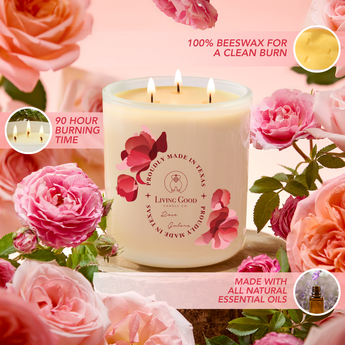Rose Gulora beeswax candle surrounded by roses, showing a 90-hour burning time and beeswax details