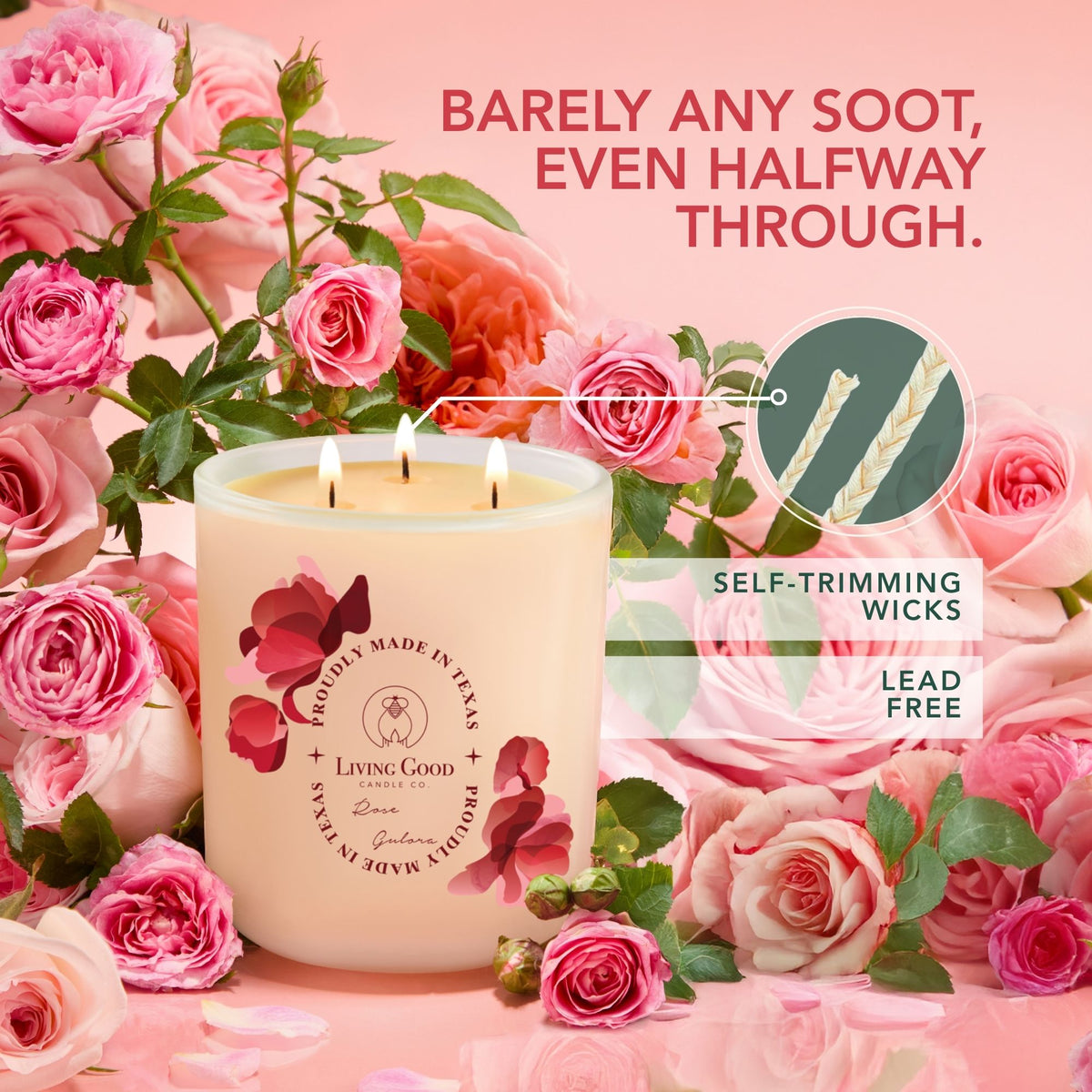 Rose Gulora beeswax candle with three wicks surrounded by roses, highlighting self-trimming wicks