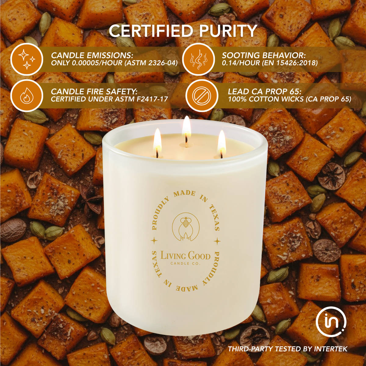 Toasty Pumpkin Brulee beeswax candle with third-party testing for emissions, soot, fire safety, and lead-free cotton wicks.