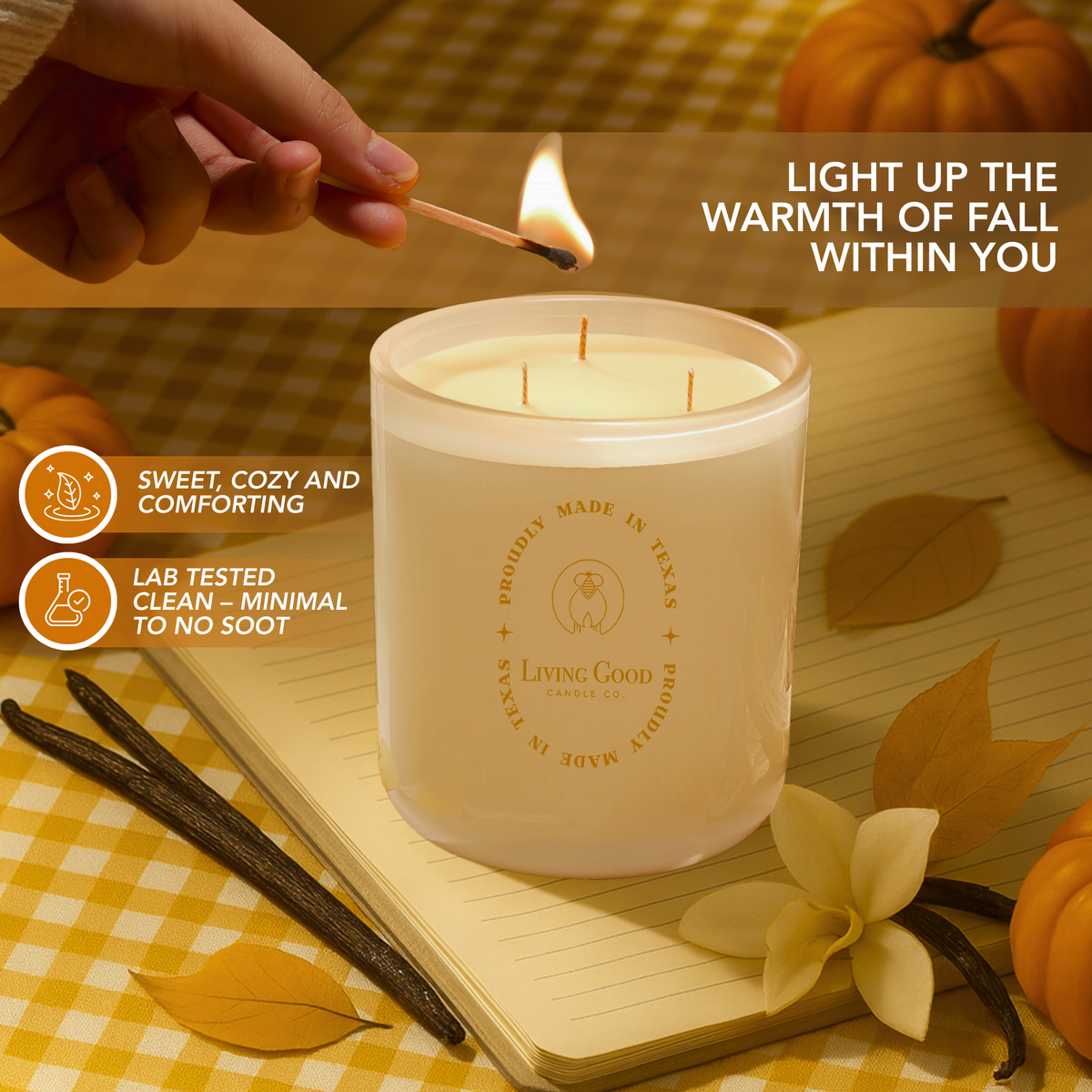 Toasty Pumpkin Brulee beeswax candle being lit with vanilla and autumn accents for a warm, cozy fall atmosphere.