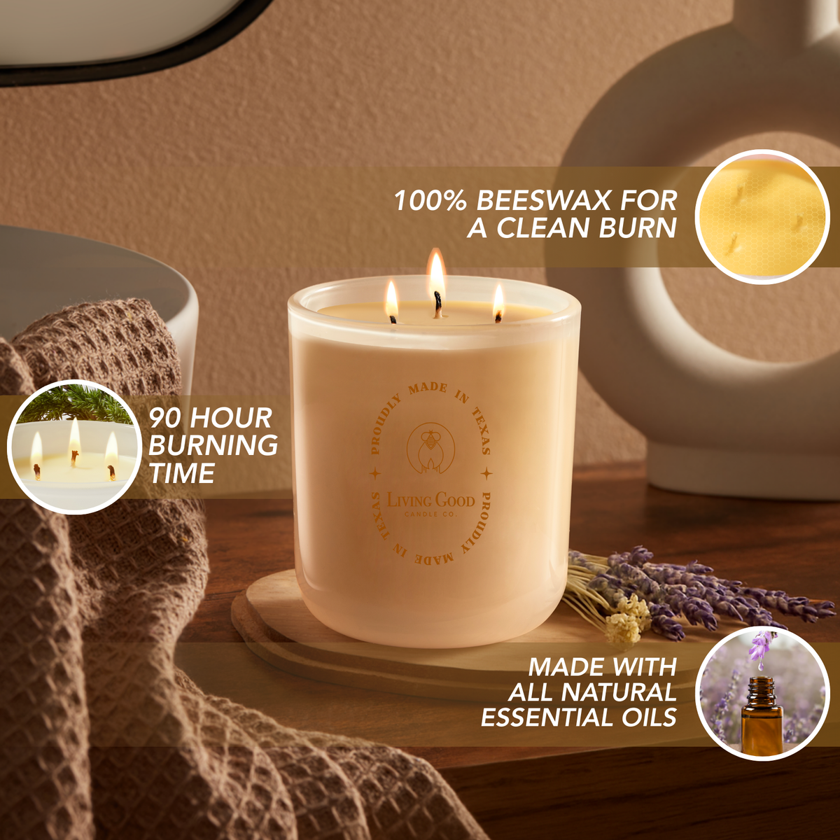Tranquility 15 oz beeswax candle highlighting 100% beeswax, natural essential oils, and 90-hour burn time