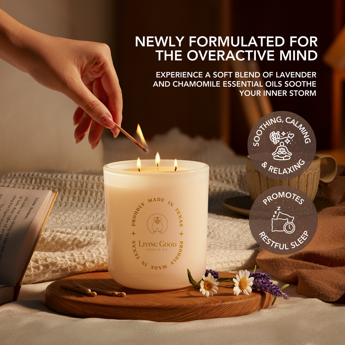 Tranquility beeswax candle with lavender and chamomile, styled on a cozy checkered tablecloth