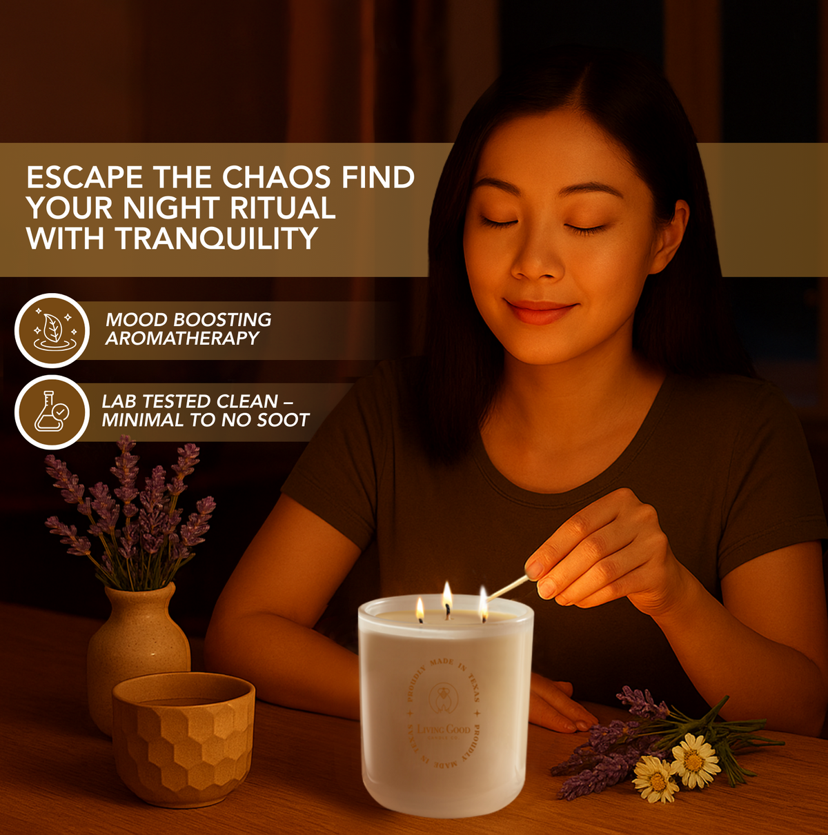 Person lighting a Tranquility beeswax candle surrounded by lavender and chamomile in a relaxing setting