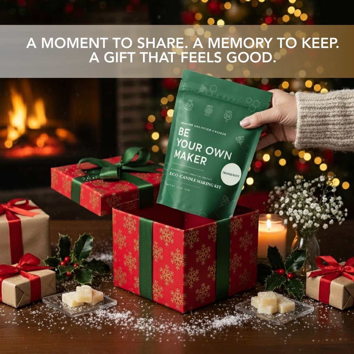 Tranquility beeswax candle refill kit presented as a gift beside wrapped presents and a lit candle