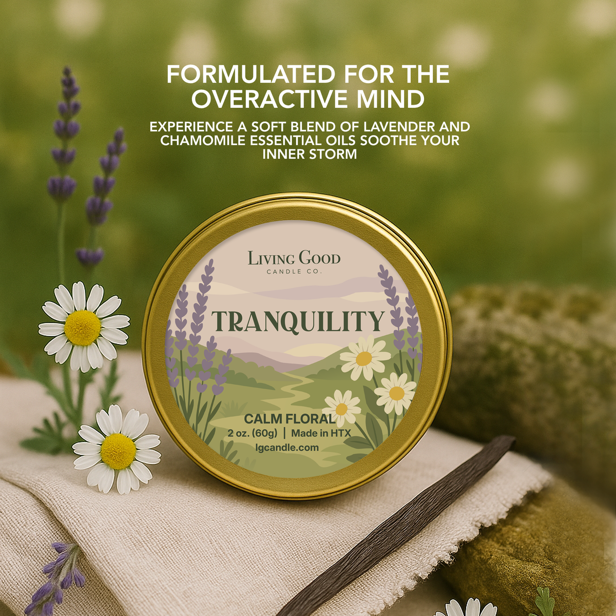 Tranquility mini beeswax candle styled with lavender and chamomile for its soft floral scent profile.