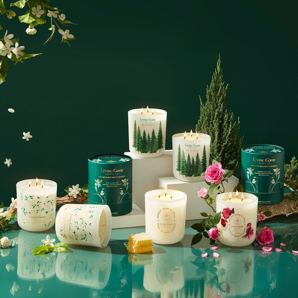 Living Good Candle Co. 15 oz three-wick beeswax candle collection with floral and woodsy scents displayed as Mother’s Day candle gifts.
