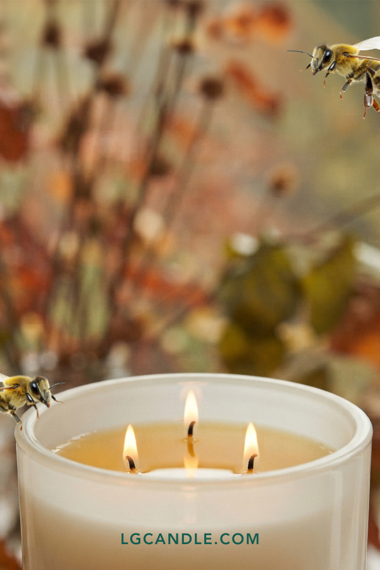 Living Good Candle Co. 15 oz three-wick American beeswax candle with honeybees, highlighting US beeswax sourcing and traceability.