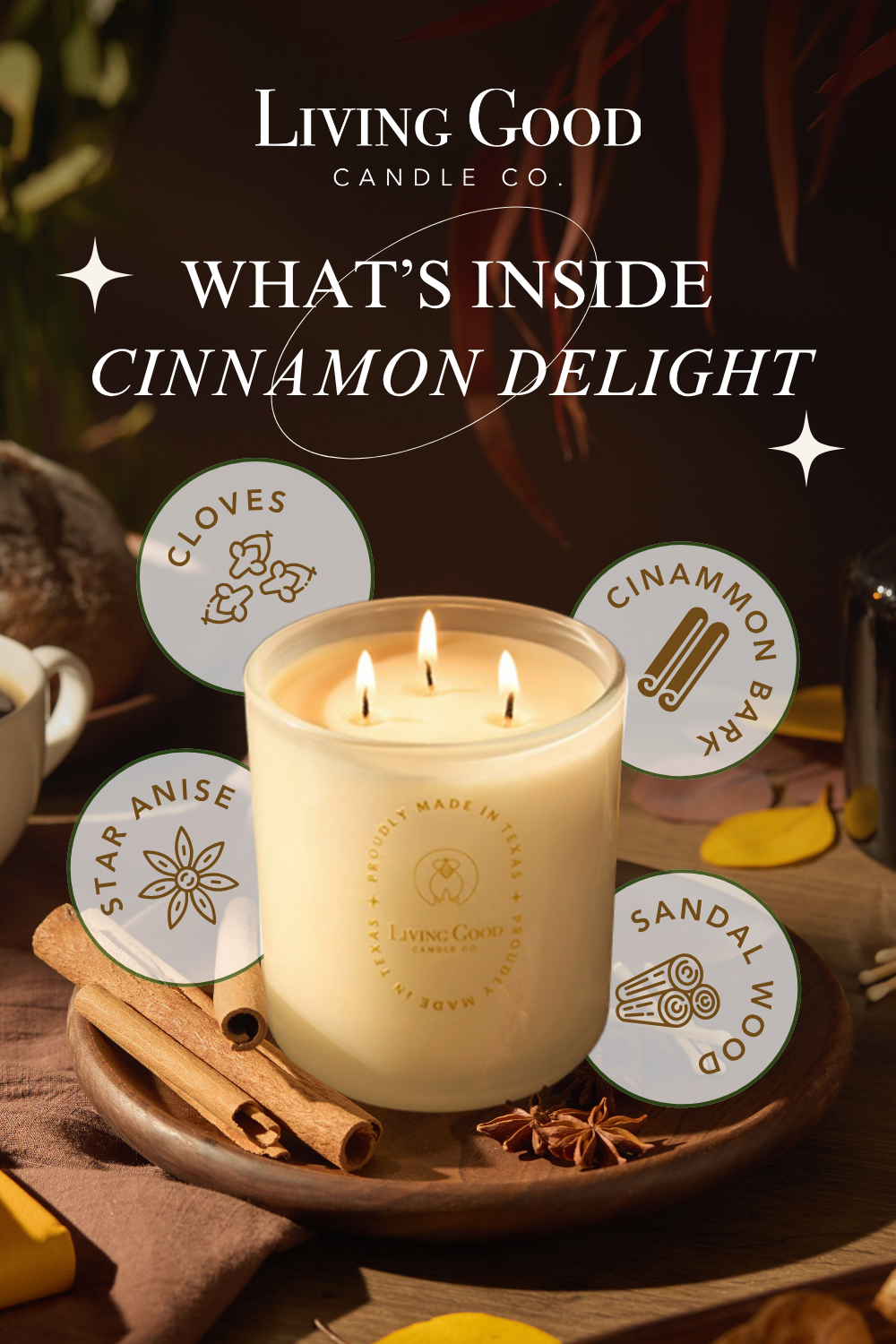 Cinnamon Delight beeswax candle with cloves, cinnamon bark, star anise, and sandalwood highlighting its warm, spicy scent profile.
