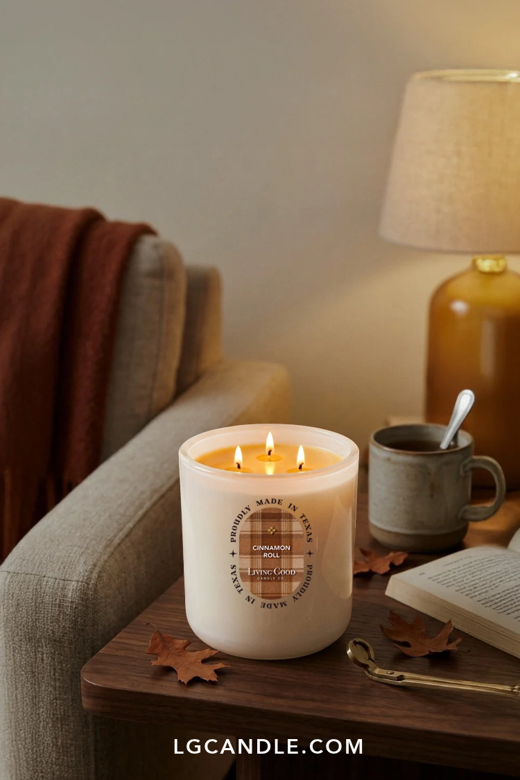Living Good Candle Co. Cinnamon Roll 15 oz three-wick beeswax candle lit on a living room side table beside a sofa and mug.
