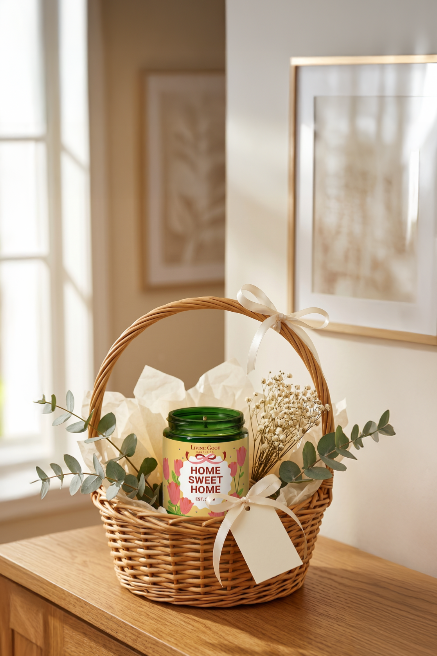 Living Good Candle Co. 5.5 oz personalized beeswax candle in a housewarming gift basket with a custom Home Sweet Home label.