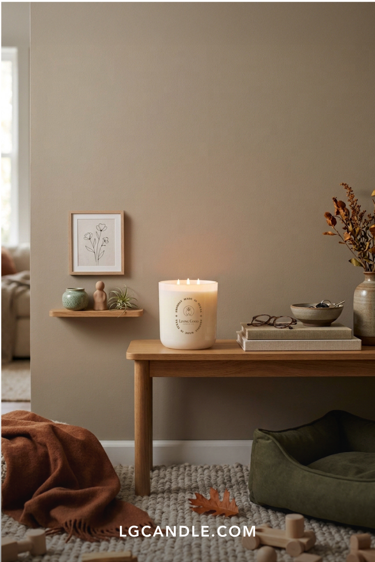 Living Good Candle Co. 15 oz three-wick beeswax candle in a warm home setting, highlighting natural beeswax and clean-burning candles.