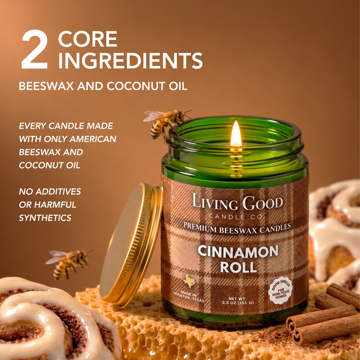 Cinnamon Roll candle highlighting its core wax ingredients of American beeswax and coconut oil.