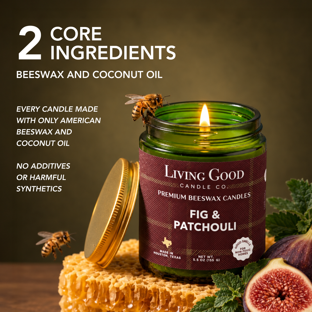 Fig & Patchouli candle highlighting its core wax ingredients of American beeswax and coconut oil.