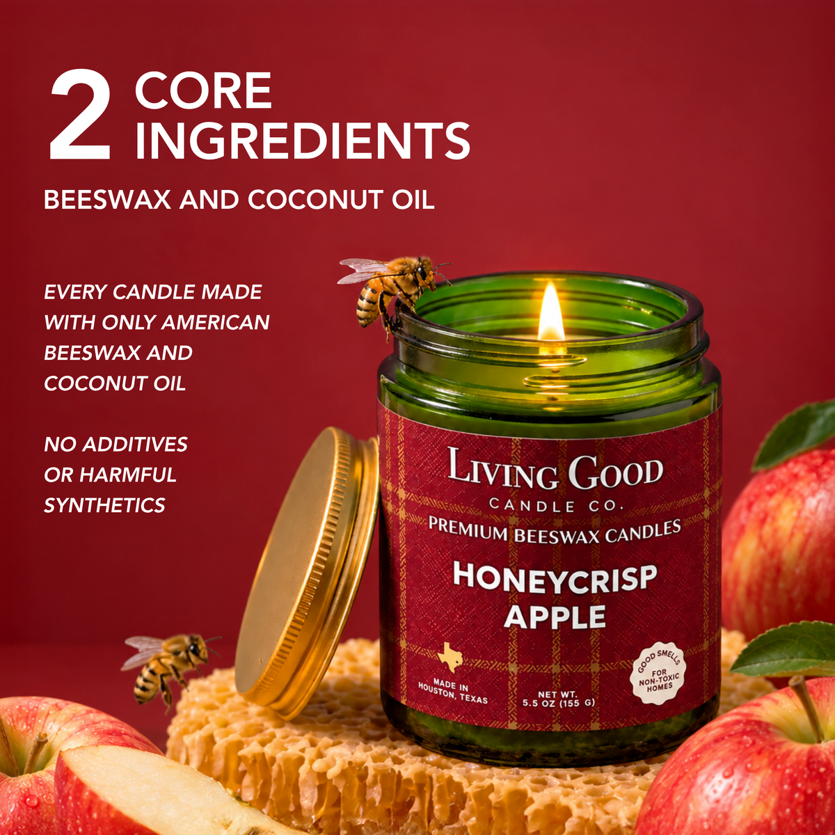 Honeycrisp Apple candle highlighting its core wax ingredients of American beeswax and coconut oil.