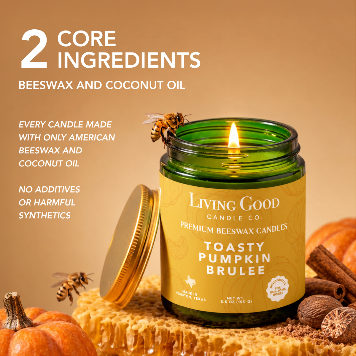 Toasty Pumpkin Brulee candle highlighting its core wax ingredients of American beeswax and coconut oil.
