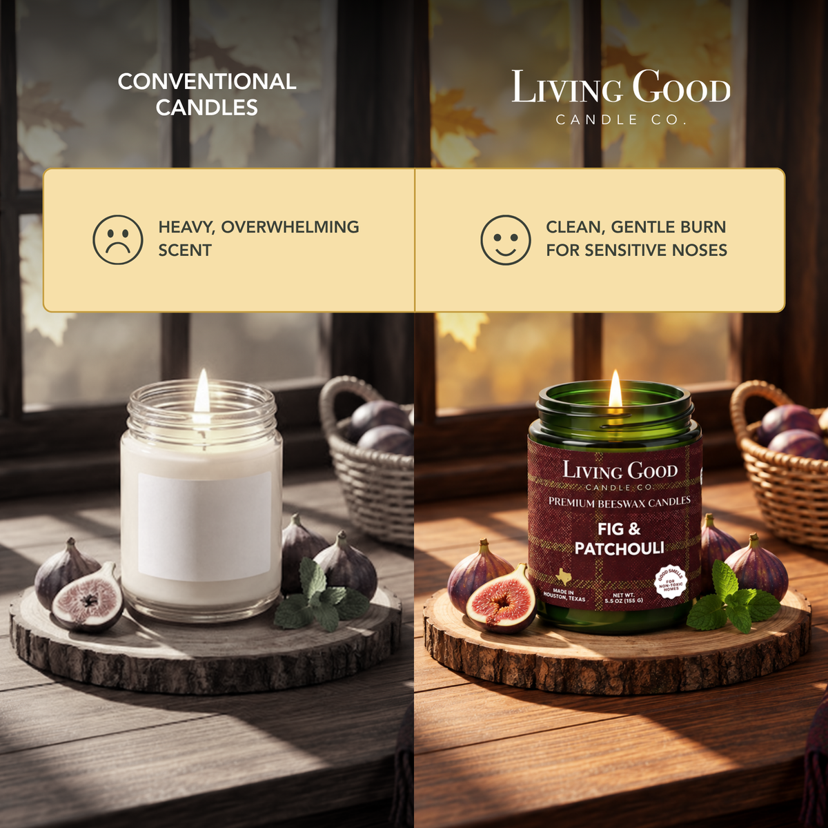 Comparison graphic showing Fig & Patchouli beeswax candle beside a conventional candle, highlighting a gentler scent experience.
